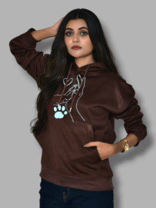 Glamorous Brown Oversized Hoodie with Light Blue Hand and Heart print, Over sized Hoodie for Girls, Women Limited Edition