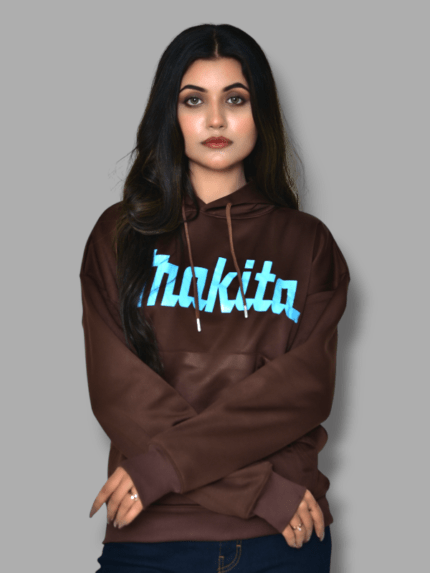 Glamorous Brown Oversized Hoodie with Light Blue Thikta print, Over sized Hoodie for Girls, Women Limited Edition