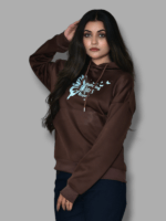 Exclusive Wuzann Brown Oversized Hoodie with Light Blue Butterfly print, Over sized Hoodie for Girls, Women, Printed hoodie Limited Edition