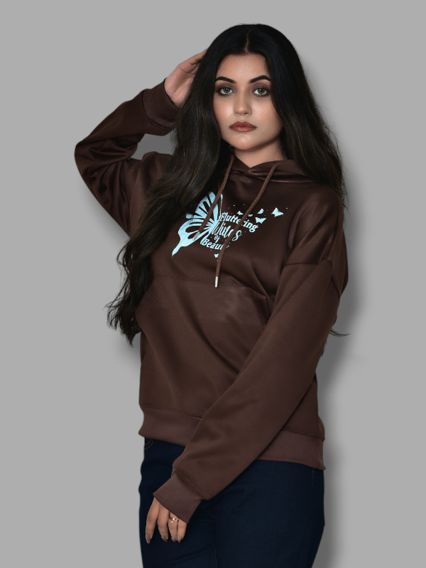 Exclusive Wuzann Brown Oversized Hoodie with Light Blue Butterfly print, Over sized Hoodie for Girls, Women, Printed hoodie Limited Edition