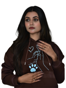 Brown Hoodie with Hand and Heart light blue print